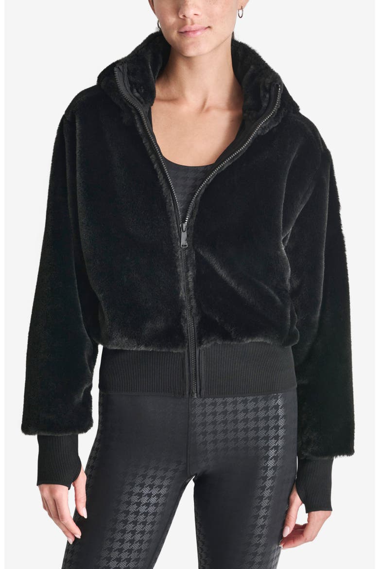 Faux Fur Zip Jacket with Removable Hood, Main, color, BLACK