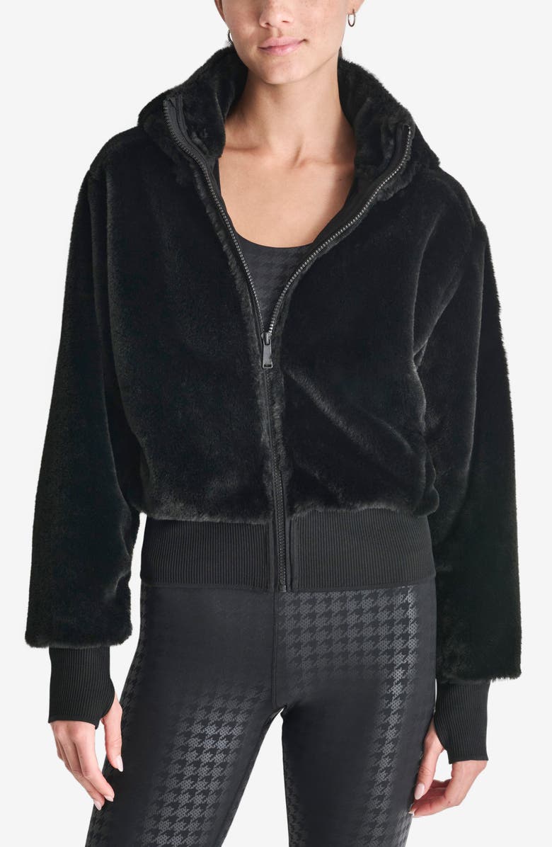 DKNY Faux Fur Zip Jacket with Removable Hood, Main, color, Black