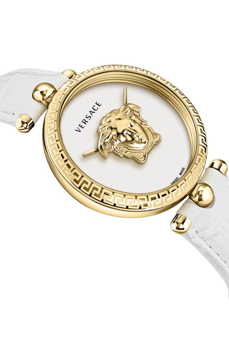 Versace Palazzo Empire Croc Embossed Leather Strap, 39mm, Alternate, color, Gold