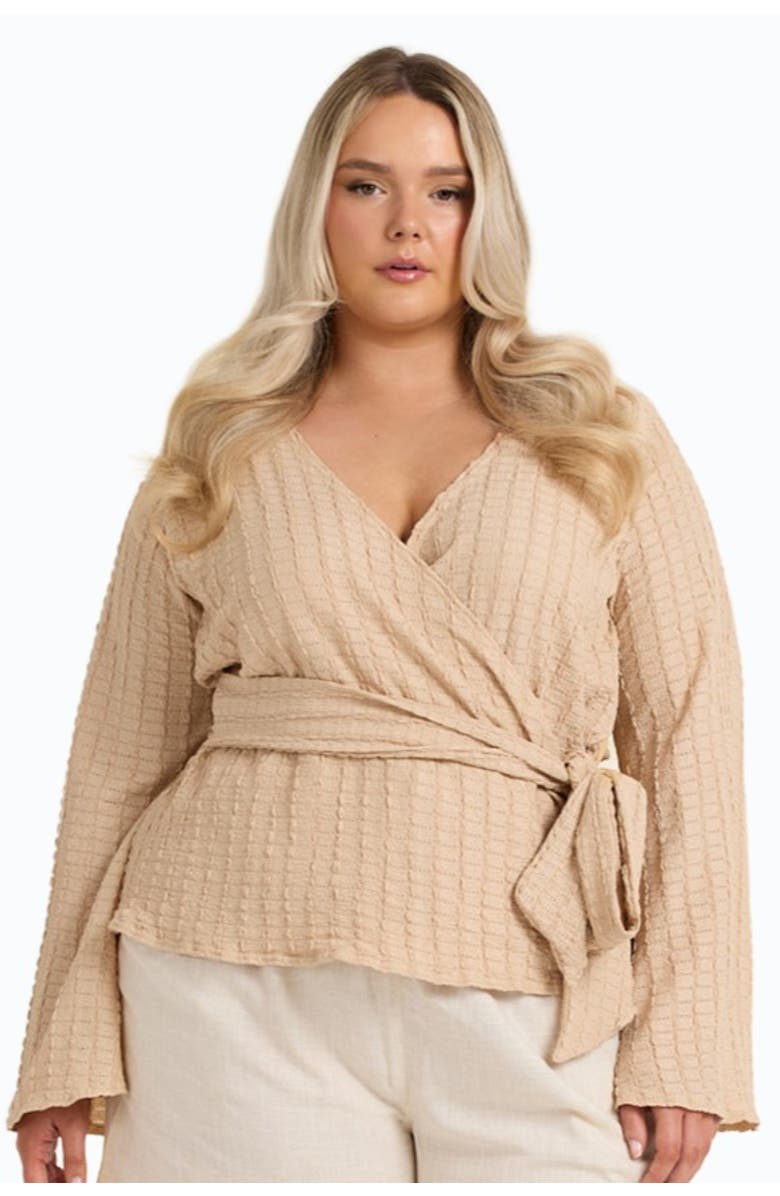 FASHION-SZN CURVE Kimono Wrap Front Belted Top, Main, color, Stone