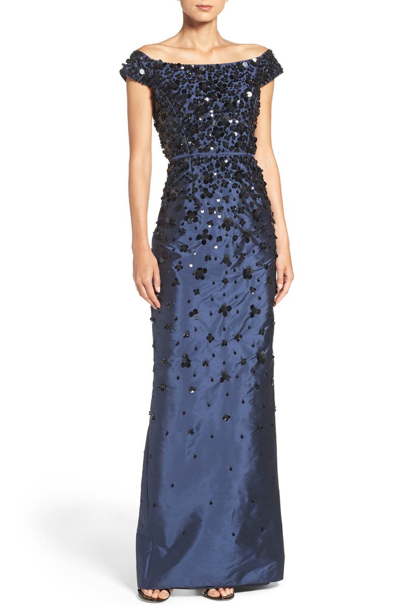 Adrianna Papell Embellished Off the Shoulder Taffeta Gown, Main, color, 