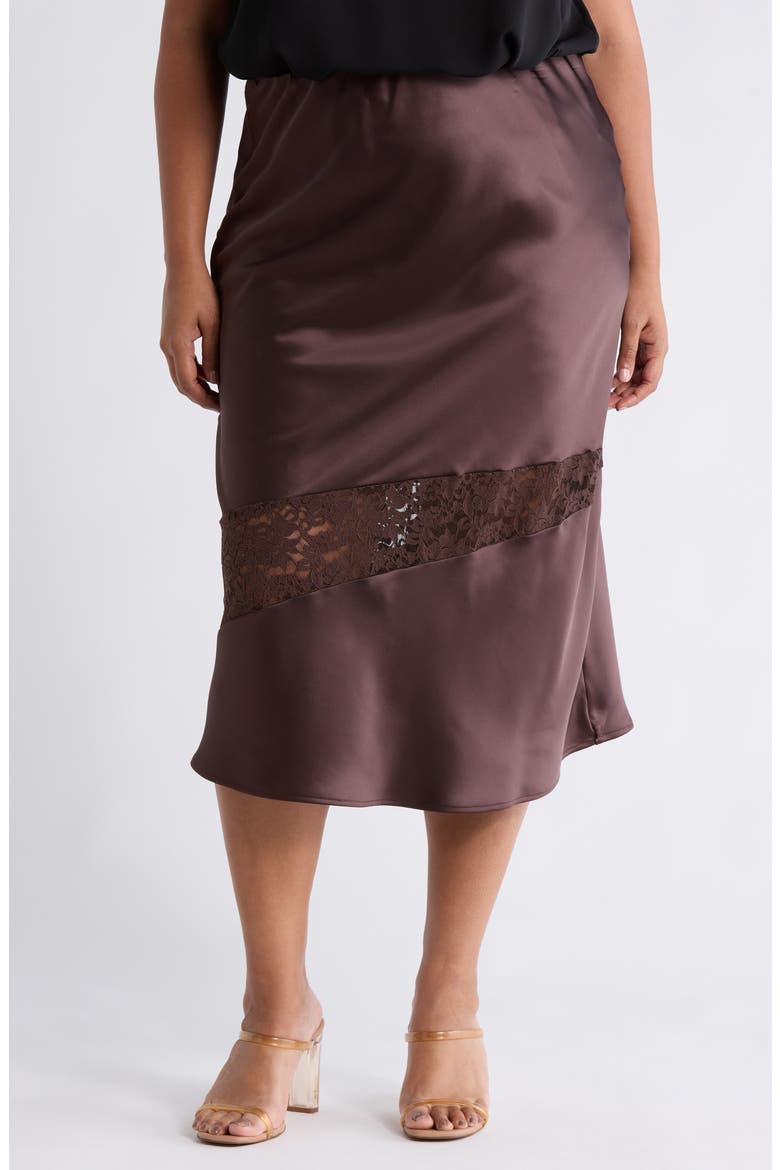 Satin & Lace Midi Skirt, Main, color, BROWN