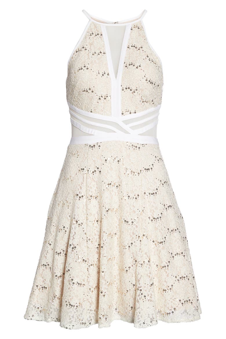 Sheer Inset Lace Fit & Flare Dress, Alternate, color, IVORY/ NUDE