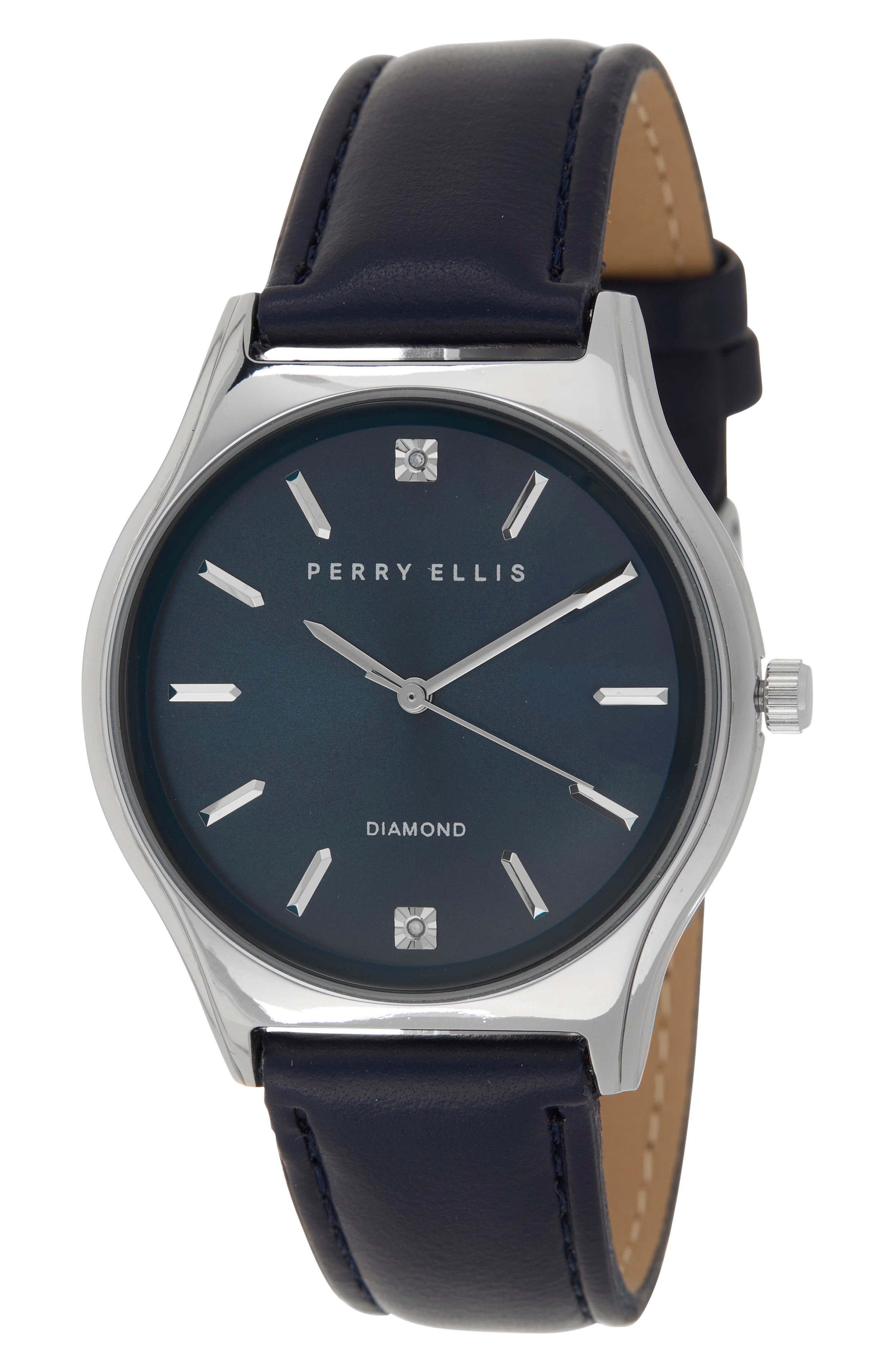 Perry Ellis Solar 3-Hand Quartz Diamond Solitaire Faux Leather Strap Watch, 41mm