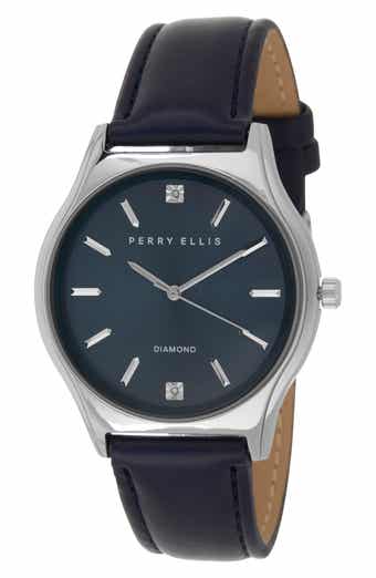 Perry Ellis Solar 3-Hand Quartz Diamond Solitaire Faux Leather Strap Watch, 41mm