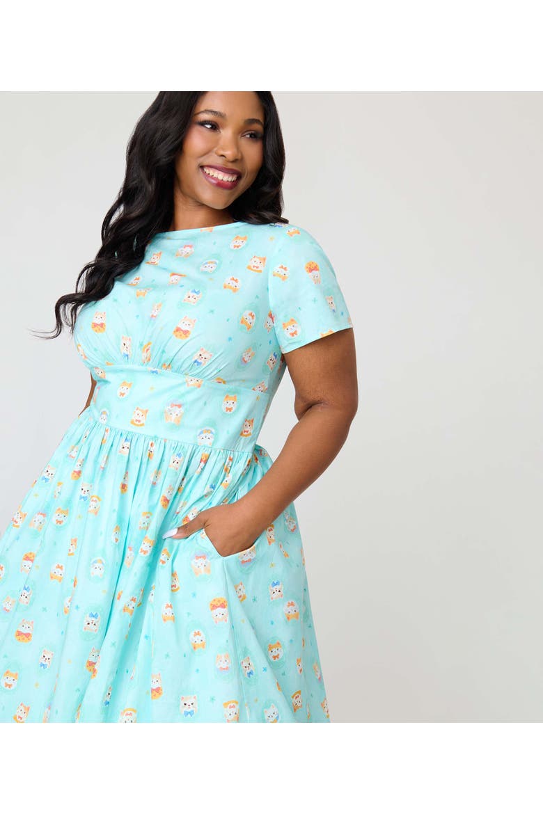 Plus Size Smocked Back Swing Dress, Alternate, color, Blue w/ Cat Print