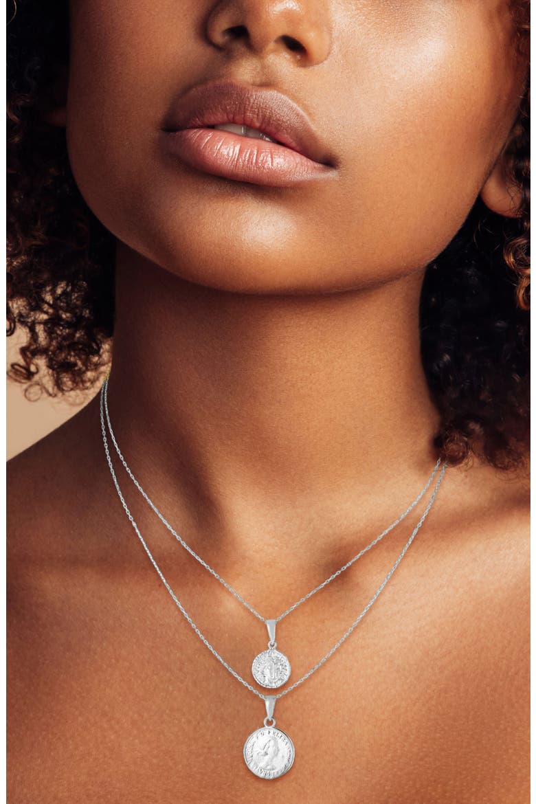 Set of 2 Rhodium Plated Sterling Silver Coin Pendant Necklaces, Alternate, color, SILVER
