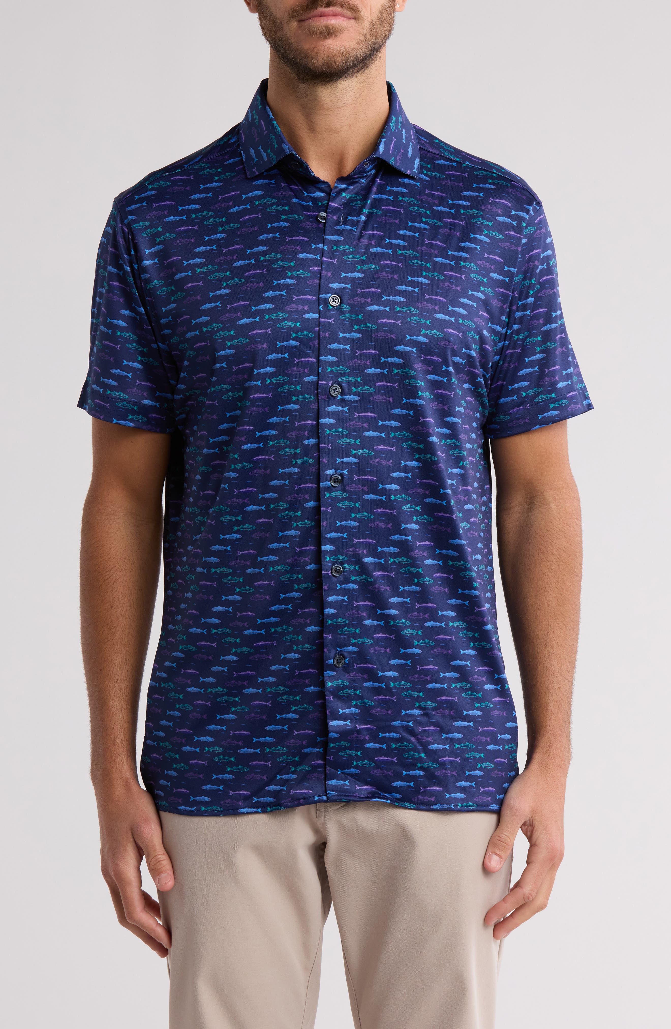 CONSTRUCT Slim Fit Neon Fish 4-Way Stretch Short Sleeve Button-Up Shirt