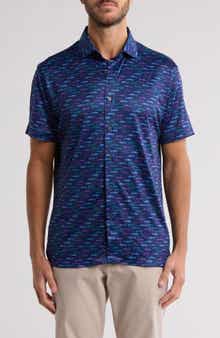 CONSTRUCT Slim Fit Neon Fish 4-Way Stretch Short Sleeve Button-Up Shirt