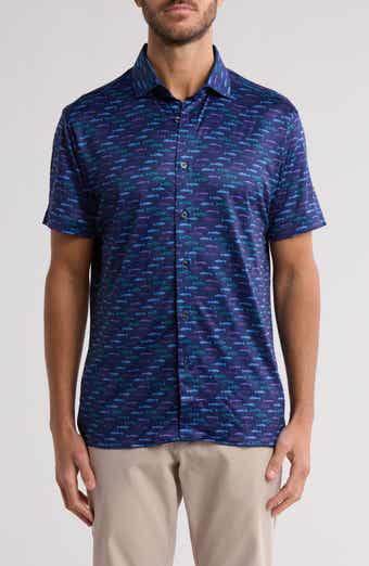 CONSTRUCT Slim Fit Neon Fish 4-Way Stretch Short Sleeve Button-Up Shirt