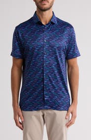 CONSTRUCT Slim Fit Neon Fish 4-Way Stretch Short Sleeve Button-Up Shirt