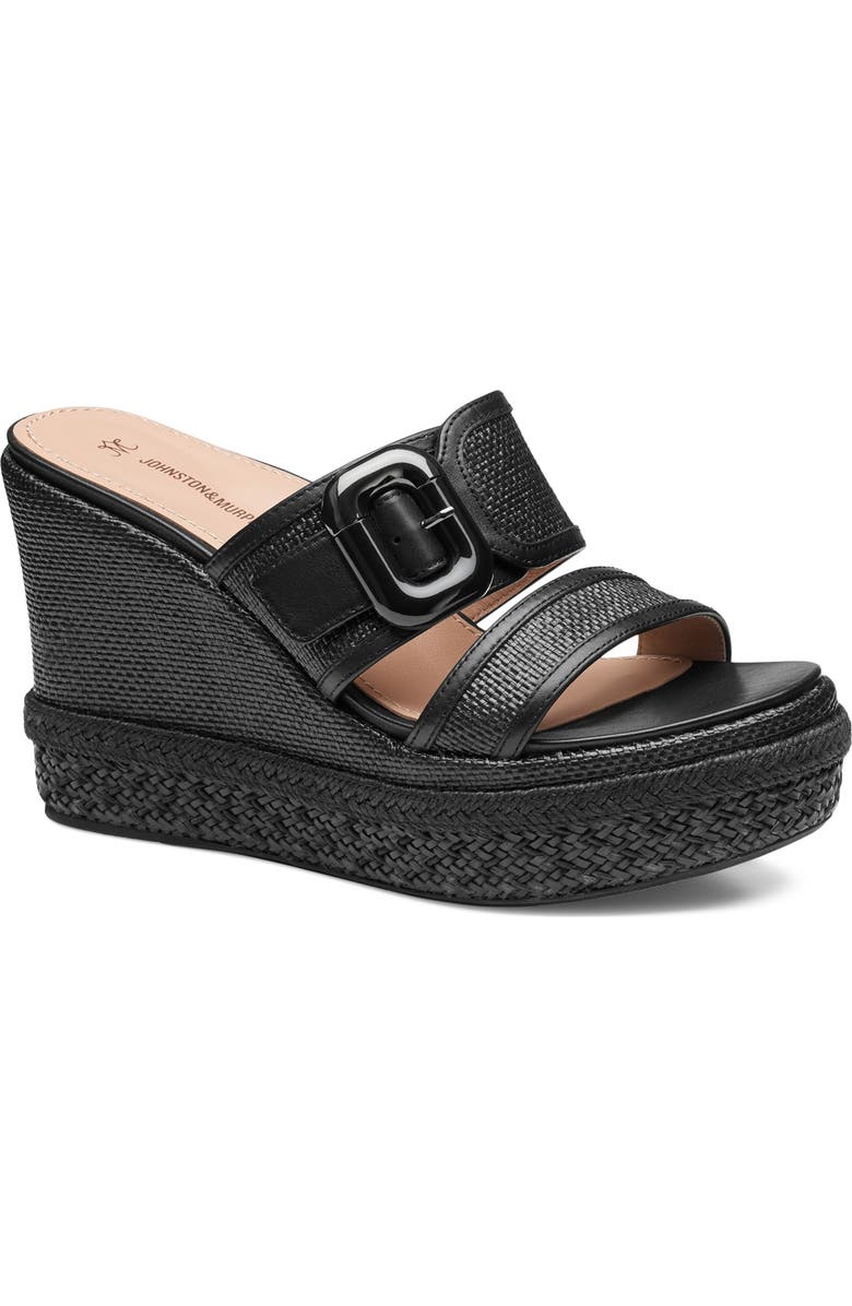 Johnston & Murphy Addison Buckle Platform Wedge Slide Sandal, Main, color, Black Raffia/Nappa Leather