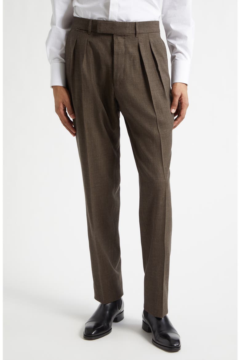 Fresco New Double Pleat Mohair, Wool & Linen Blend Pants, Main, color, KHAKI BROWN