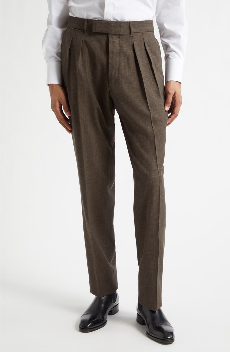 TOM FORD Fresco New Double Pleat Mohair, Wool & Linen Blend Pants, Main, color, Khaki Brown