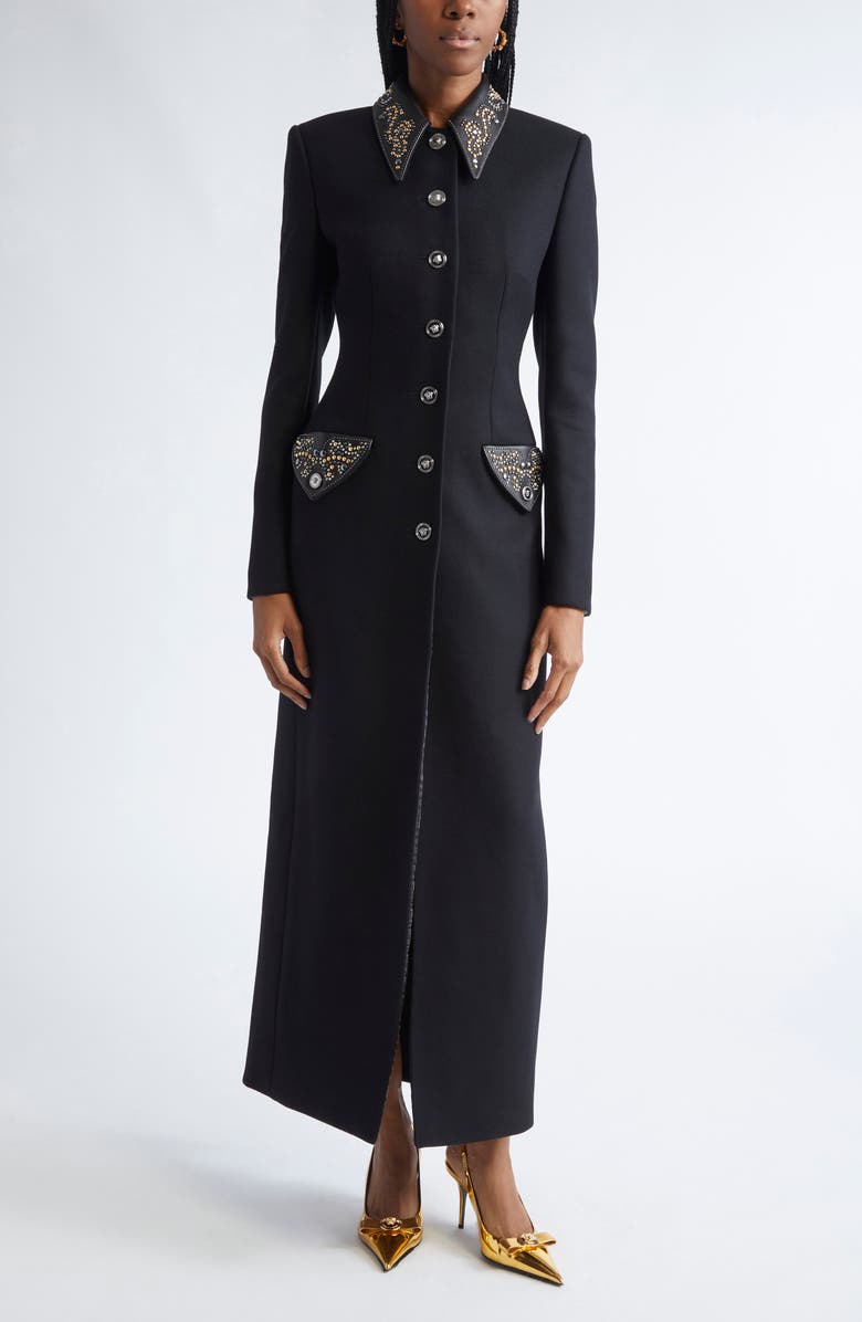 Versace Felted Studded Longline Coat, Main, color,