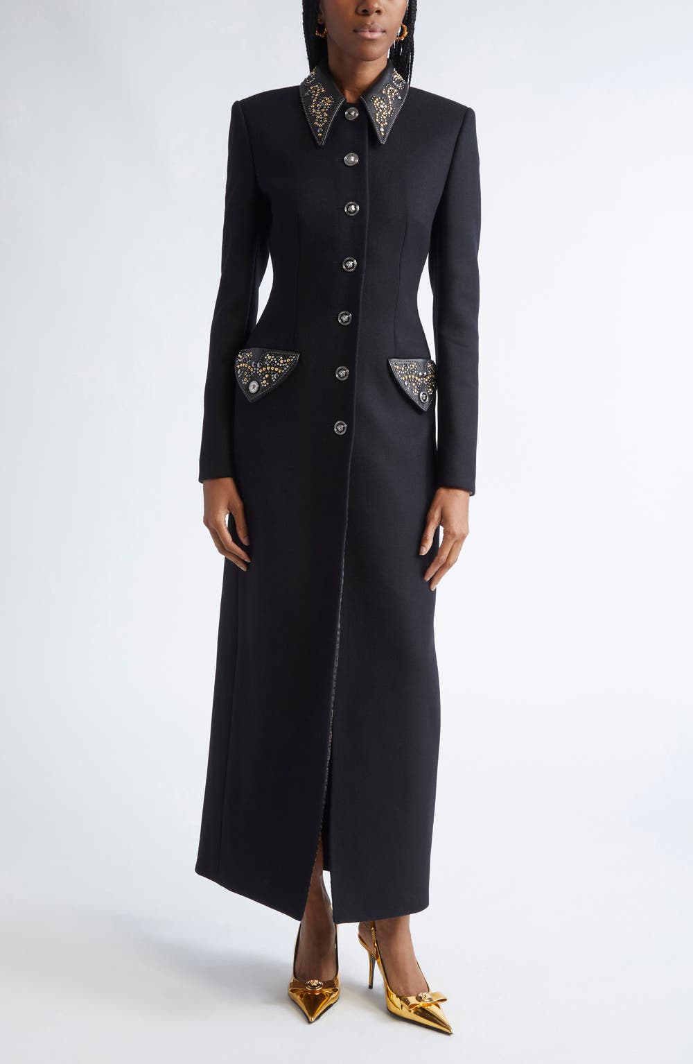 Felted Studded Longline Coat, color, BLACK