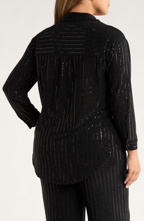 Anne Klein Plus Size Sequin Pinstripe Drop-shoulder Tunic Shirt In Black