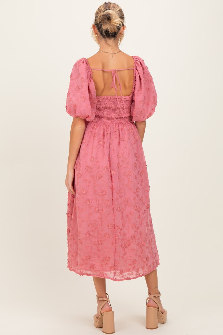 Embroidered Floral Puff Sleeve Midi Dress, Alternate, color, Mauve