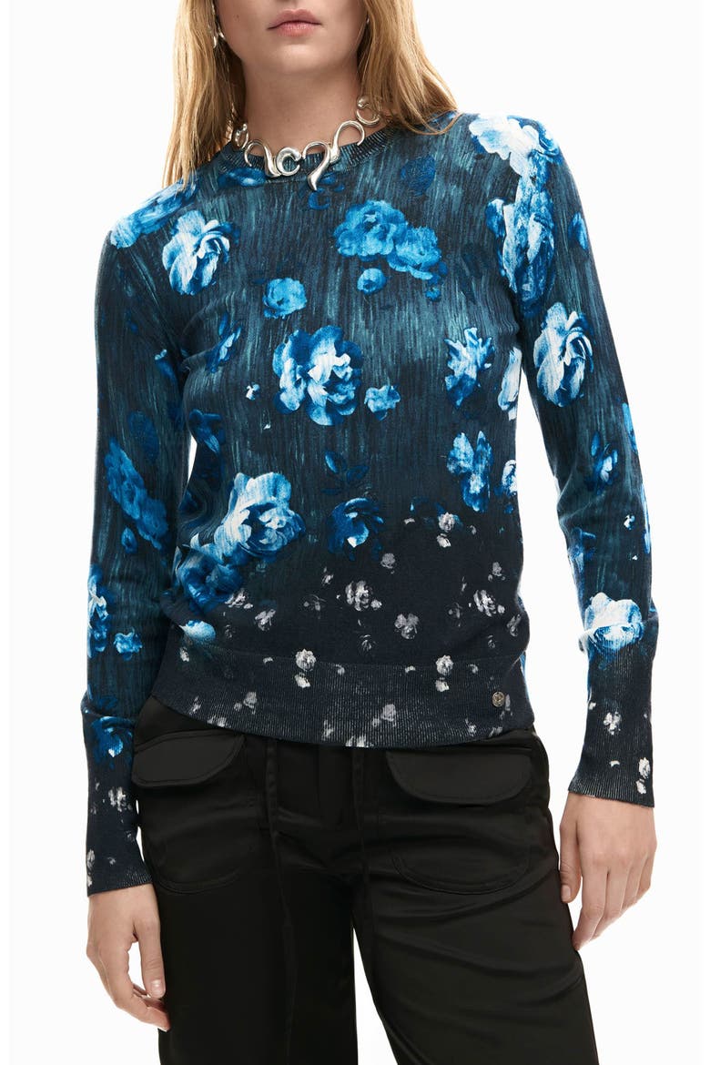 Floral Fine Gauge Crewneck Sweater, Main, color, BLACK/ BLUE