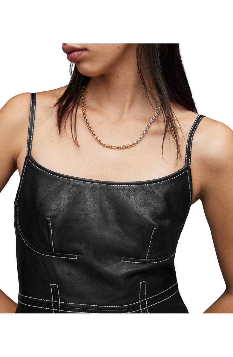 AllSaints Olivia Contrast Stitch Leather Minidress, Alternate, color, Black