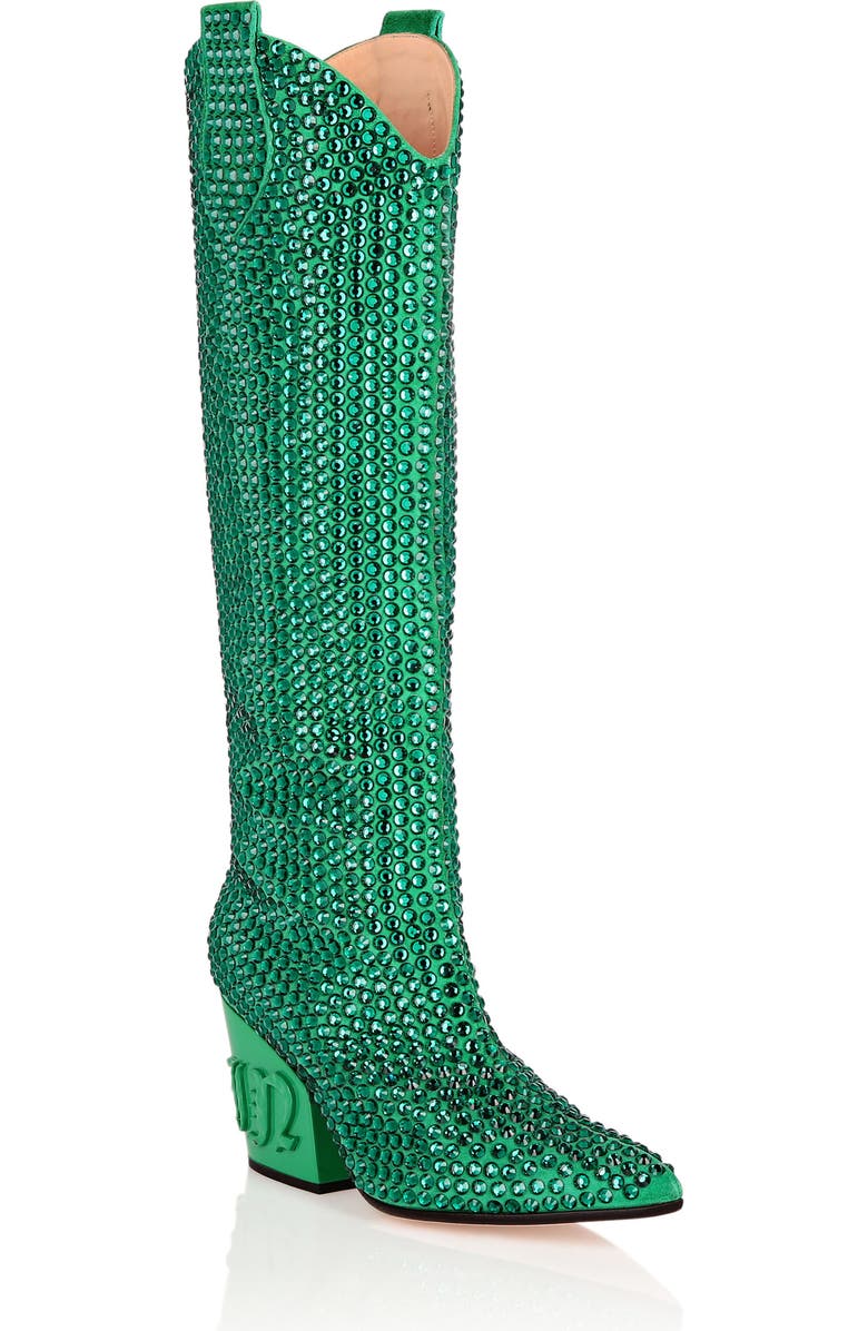 PHILIPP PLEIN Cowboy Boots Mid Heels High Crystal Women, Main, color, Green