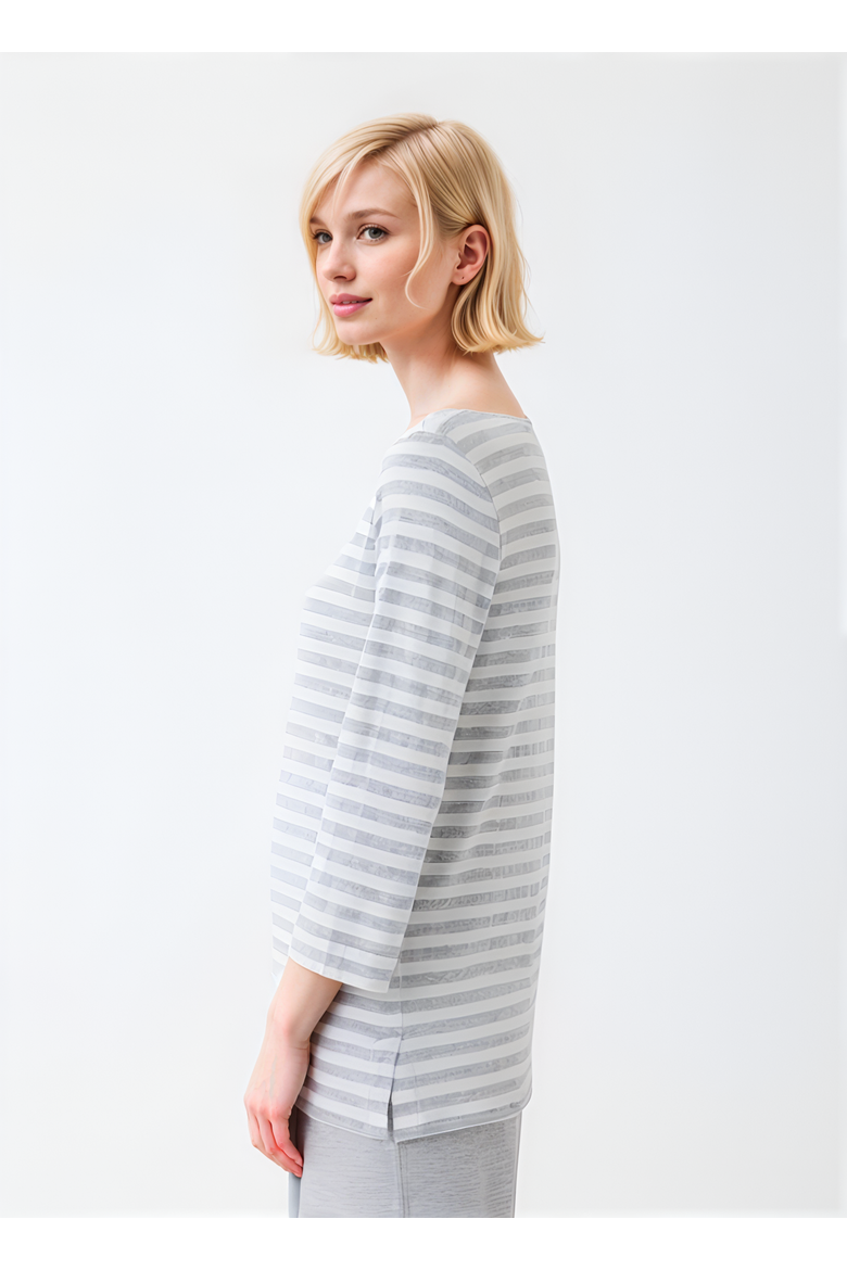 Soft Touch Striped 3/4 Sleeve Boatneck T-Shirt, Alternate, color, GRIS CHINE CLAIR