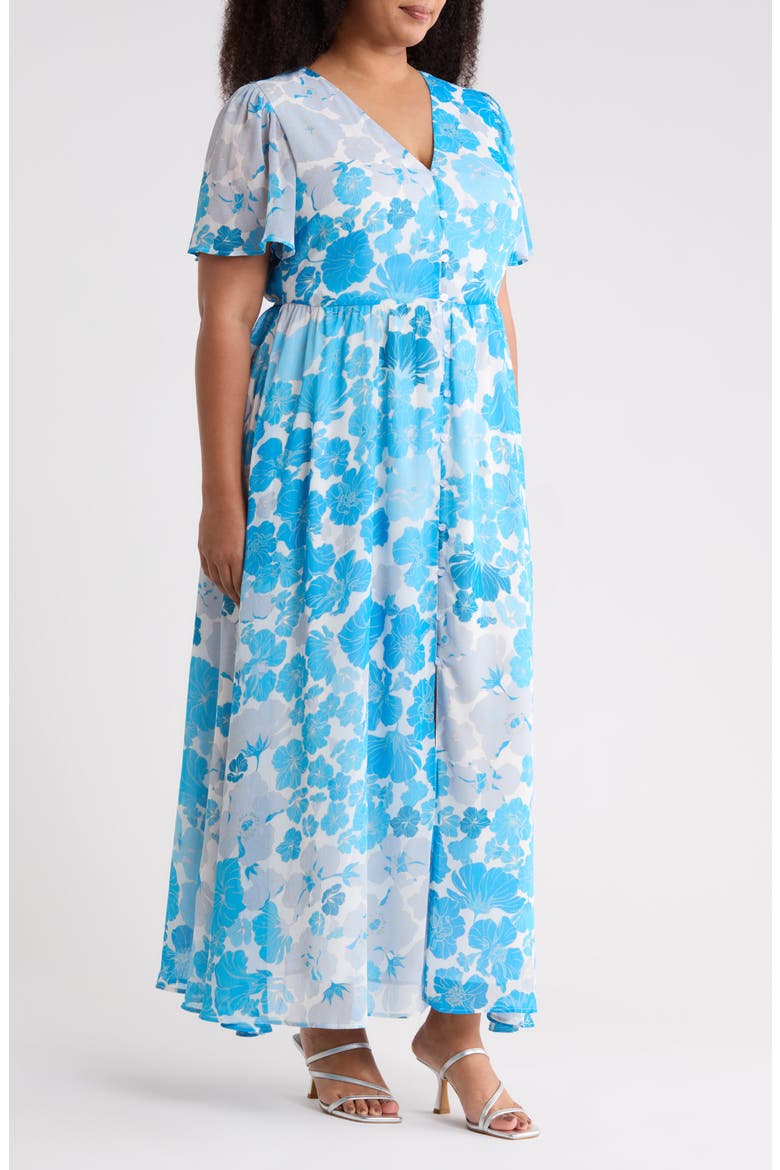 Kerela Floral Linana Button Maxi Dress, Alternate, color, WHITE-BLUE-COMBO