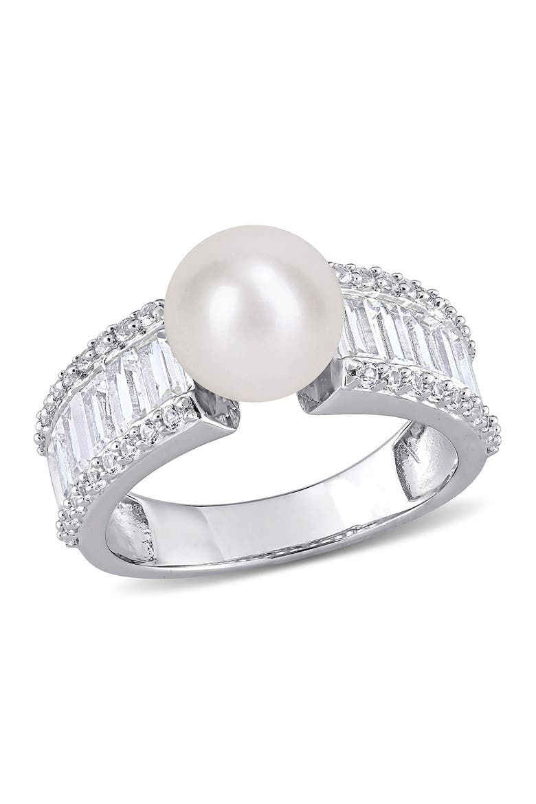 White Sapphire & 8-8.5mm Freshwater Pearl Ring, Main, color, WHITE