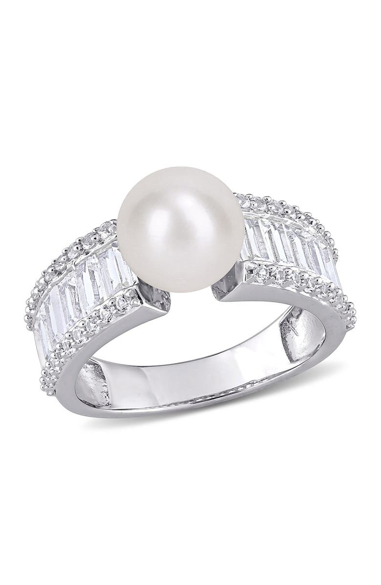 DELMAR White Sapphire & 8-8.5mm Freshwater Pearl Ring, Main, color, White