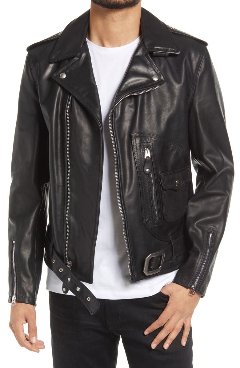 Schott NYC Leather Biker Jacket, Main, color,