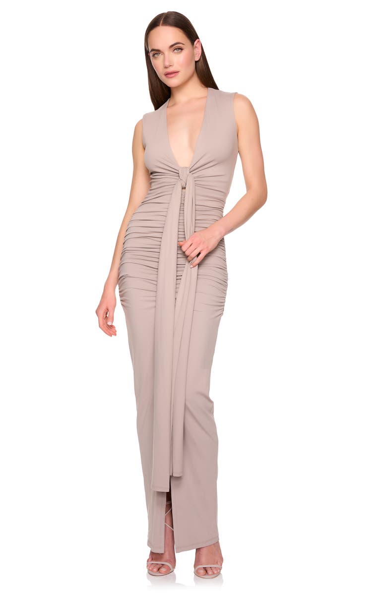 Susana Monaco Plunge Neck Tie Neck Dress, Alternate, color, Sandstone