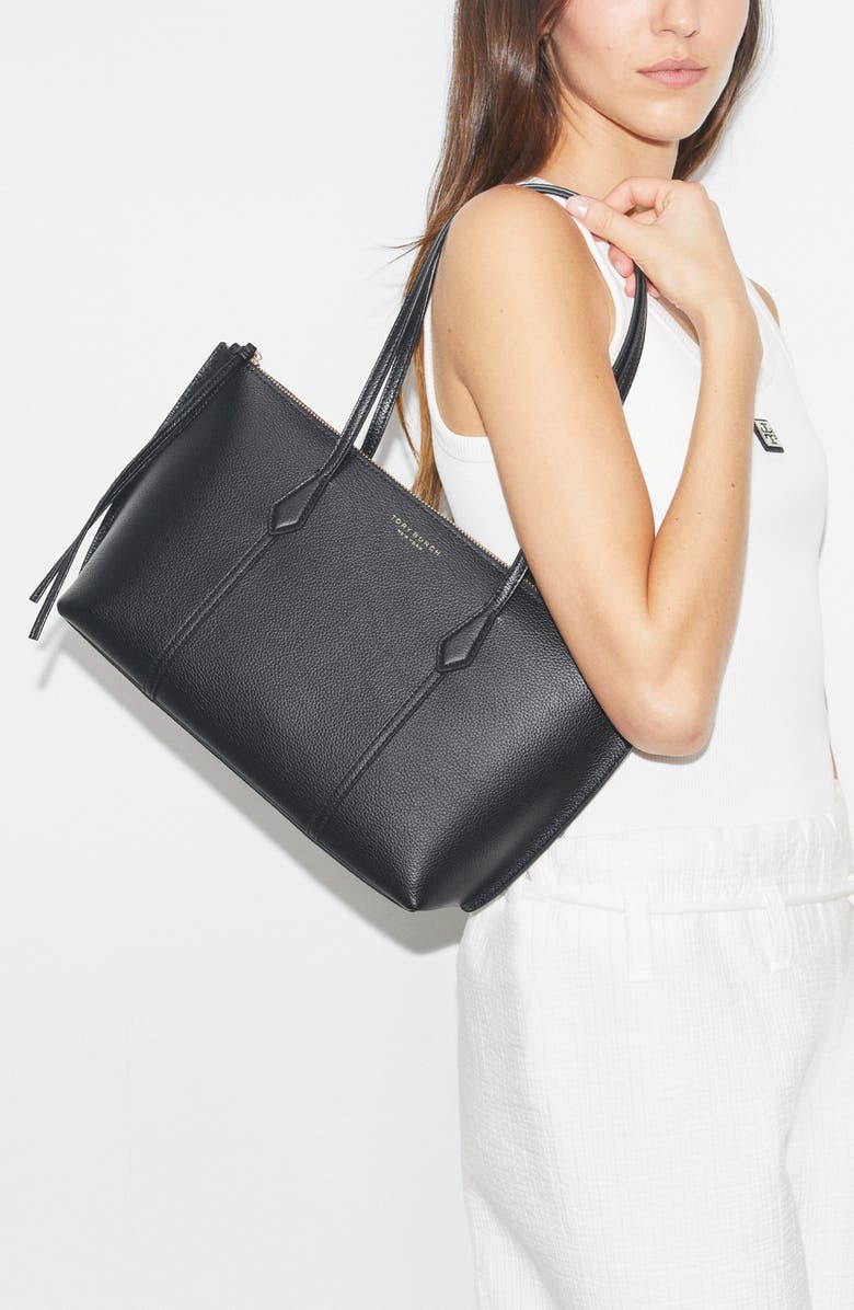 Tory Burch Small Perry Leather Zip Tote, Alternate, color, Black