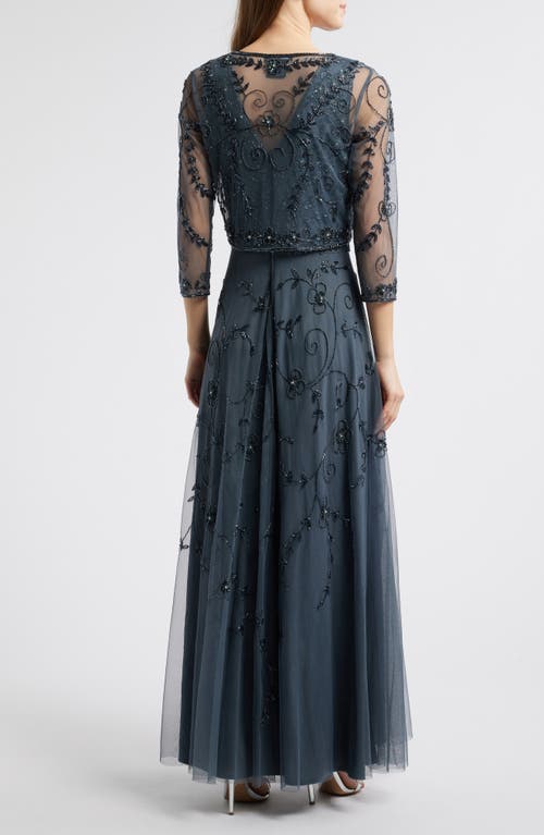 Pisarro Nights Beaded Mesh Gown With Jacket In New Steel