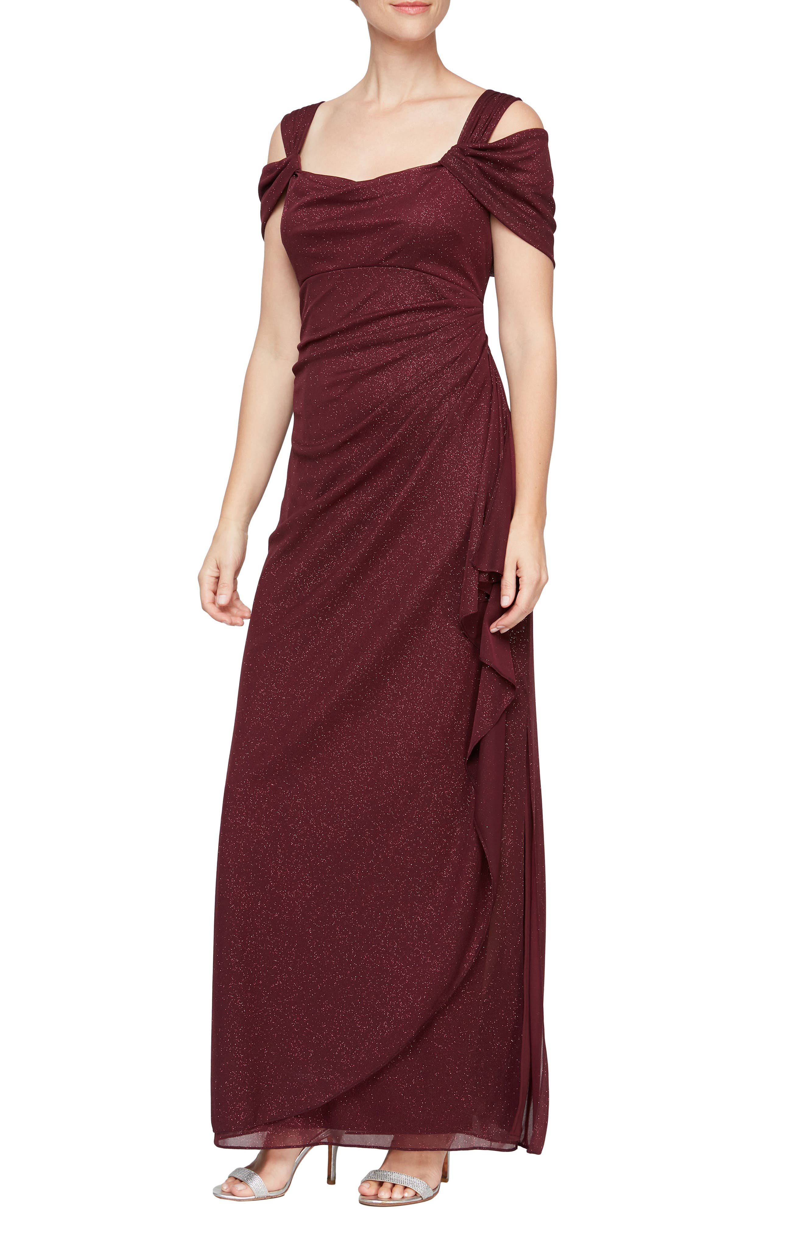 Alex Evenings Cold Shoulder Ruffle Glitter Chiffon Gown