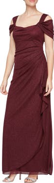 Alex Evenings Cold Shoulder Ruffle Glitter Chiffon Gown