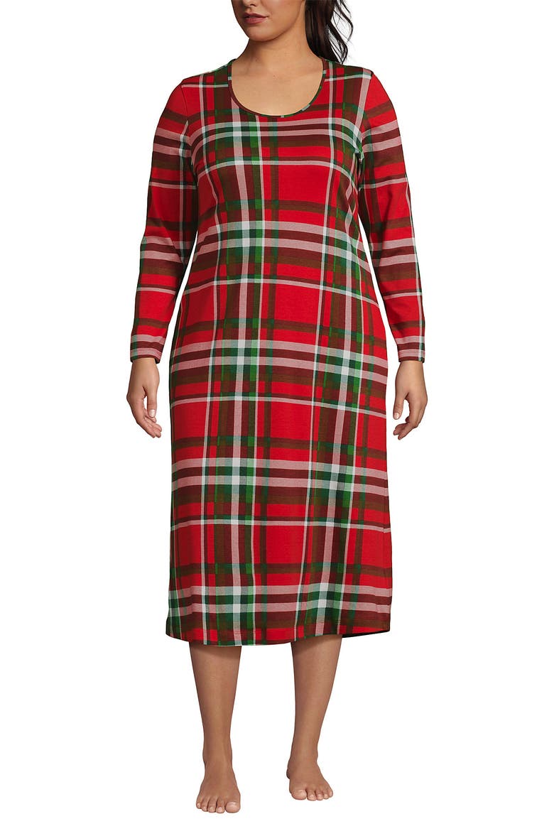 Cotton Long Sleeve Midcalf Nightgown, Alternate, color, Compass Red/Emerald Plaid