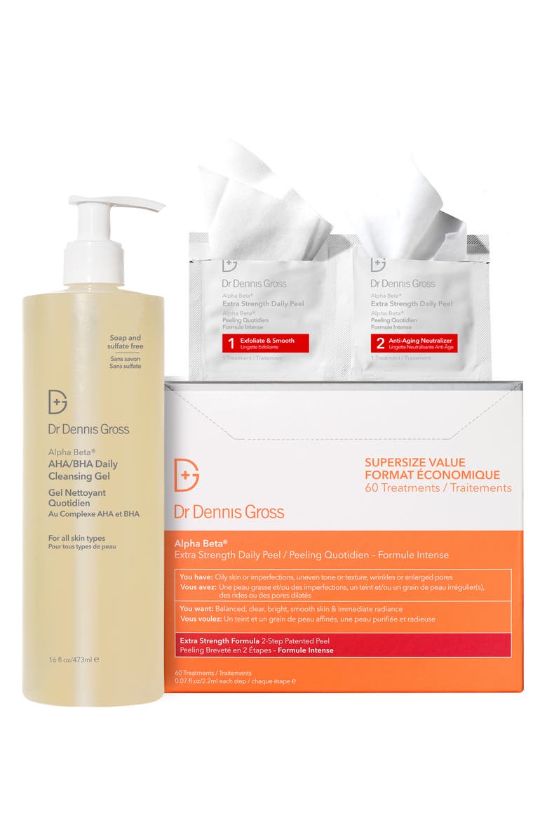 Dr. Dennis Gross Skincare Alpha Beta<sup>®</sup> AHA/BHA Daily Cleansing Gel & Alpha Beta<sup>®</sup> Extra Strength Daily Peel Duo $210 Value, Main, color,