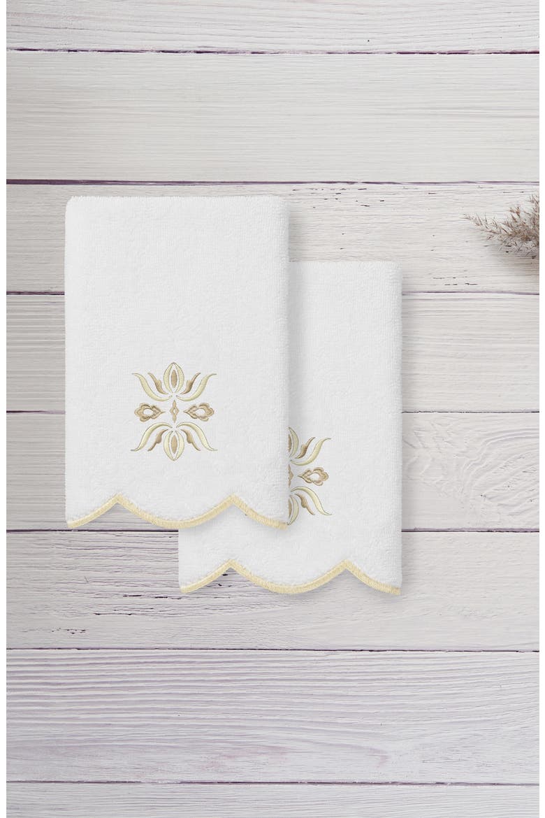 Flower Crest Scallop 2-Piece Fingertip Towel Set, Alternate, color, WHITE/ BEIGE