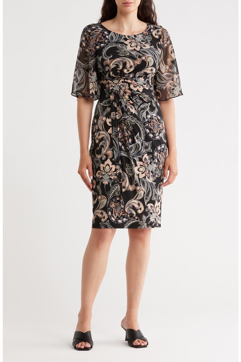 Floral Flutter Sleeve Faux Wrap Dress, Main, color, CAMEL