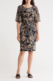 Connected Apparel Floral Flutter Sleeve Faux Wrap Dress