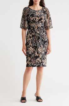 Connected Apparel Floral Flutter Sleeve Faux Wrap Dress