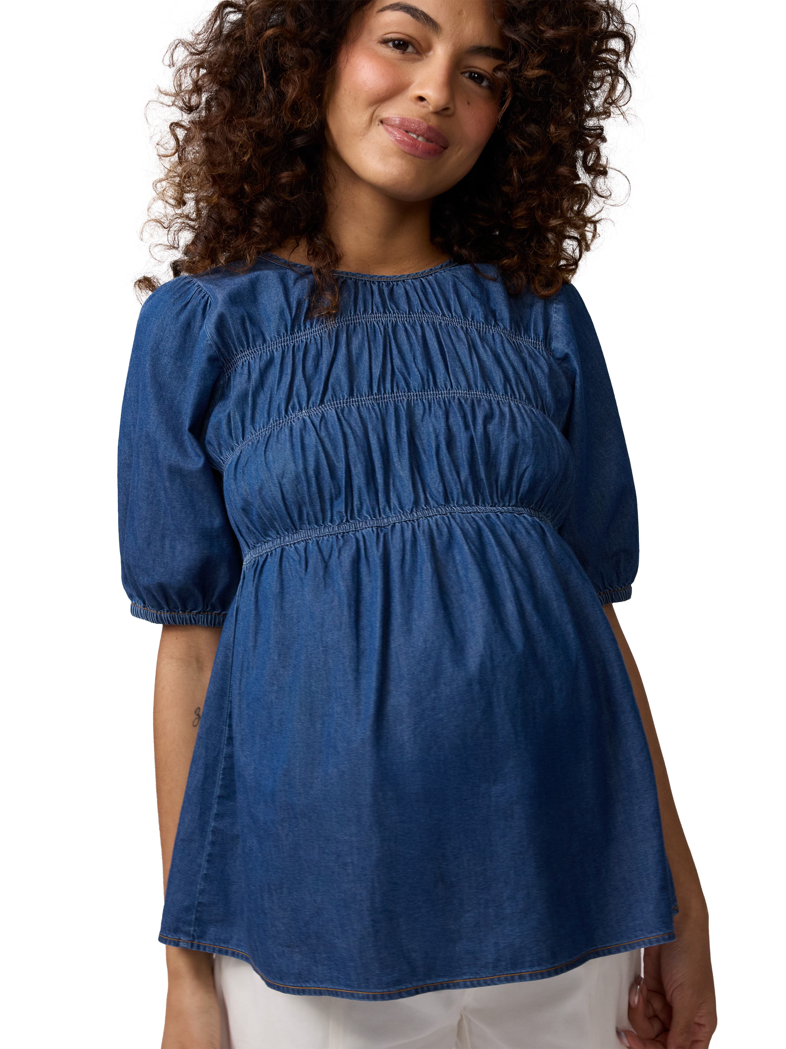 Short Sleeve Chambray Smocked Top - image 2