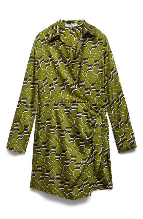 Mango Geo Print Long Sleeve Satin Faux Wrap Dress In Green