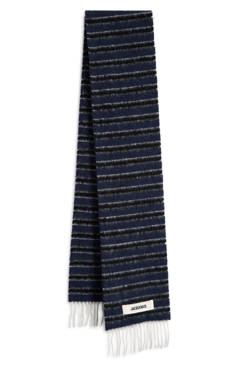 Jacquemus L'écharpe Rayures Alpaca & Virgin Wool Blend Fringe Scarf, Main, color, Blue/ Dark Grey Stripes