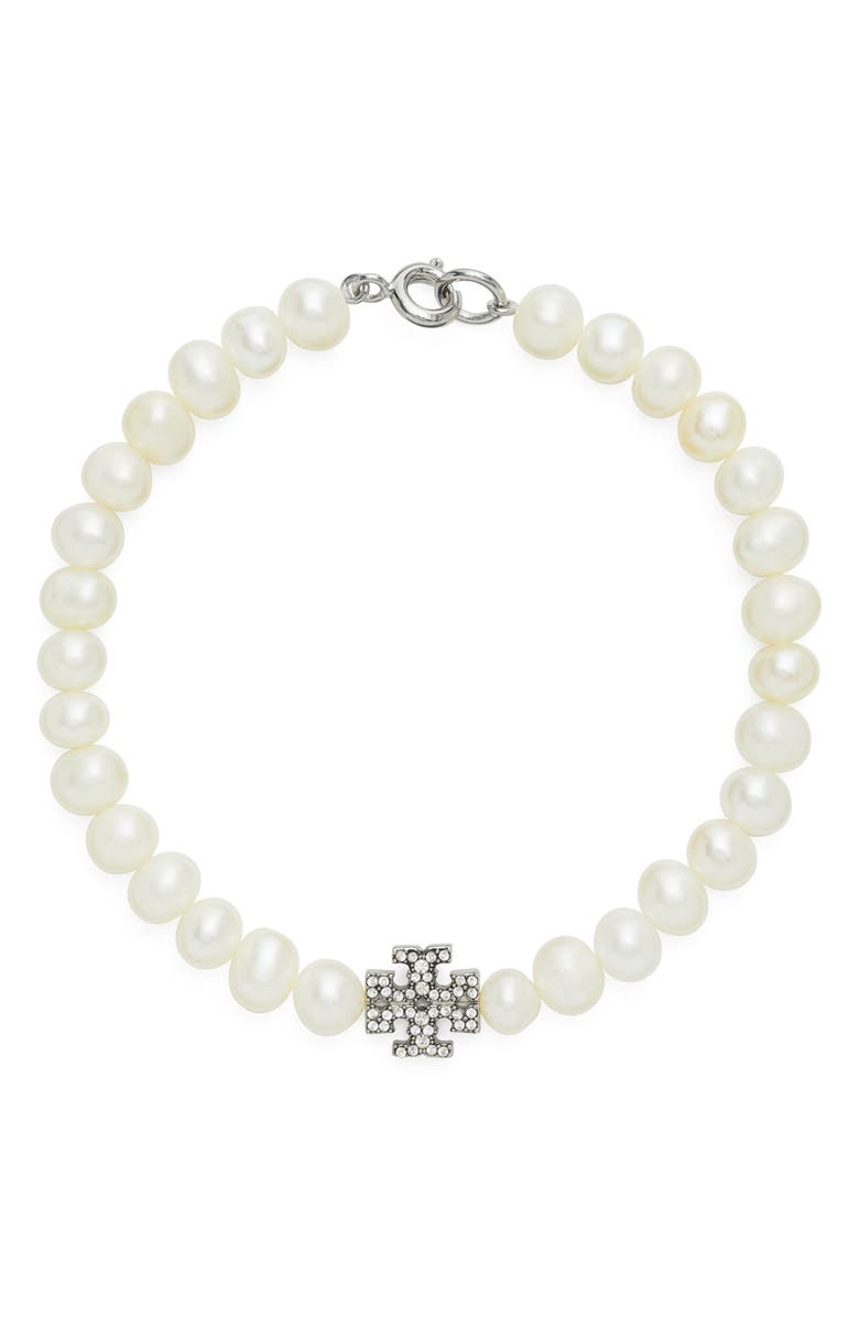 Tory Burch Moondance Pearl and Pavé Bracelet, Main, color, Tory Silver / Crystal / Pearl