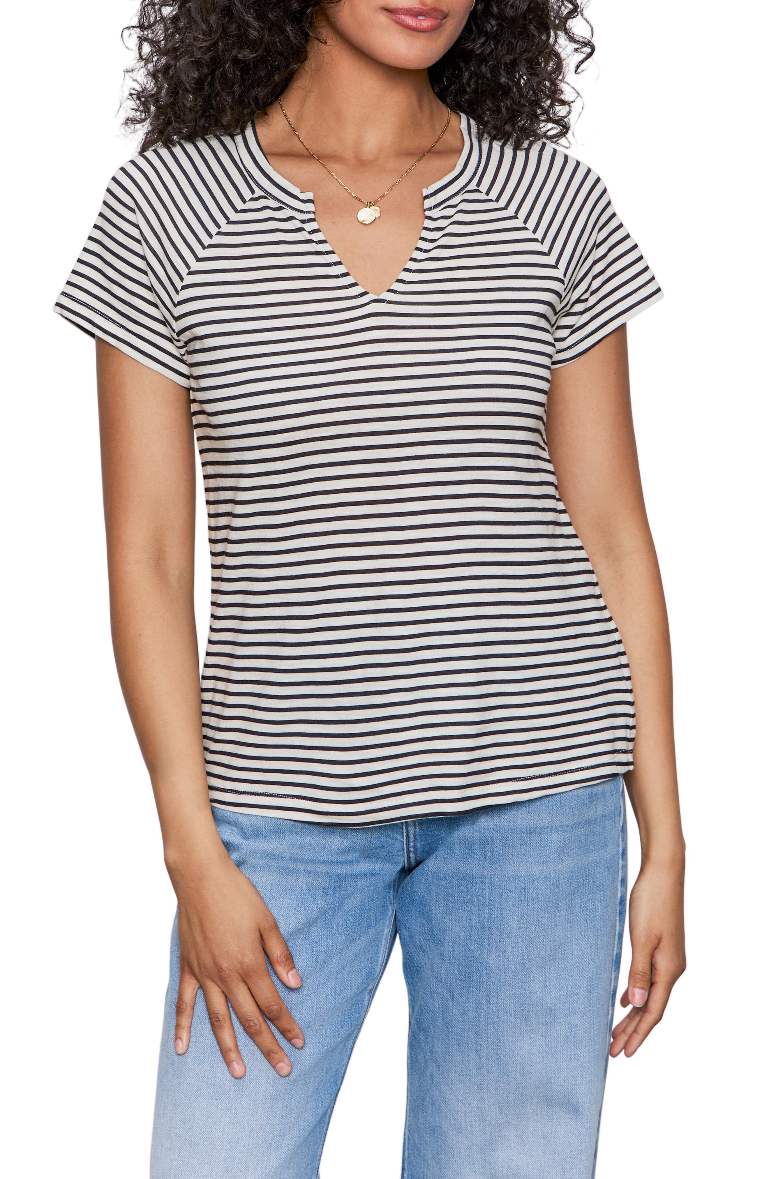 Sanctuary Stripe Notch V-Neck Cotton Blend T-Shirt