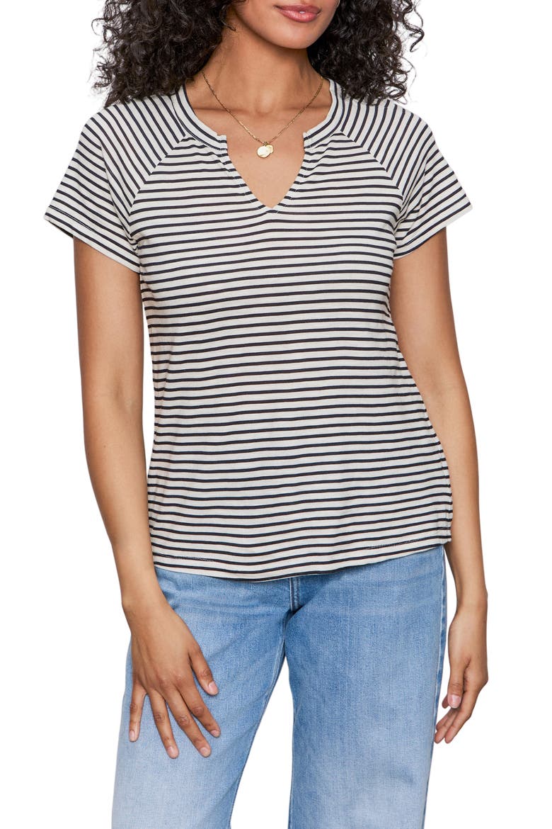 Stripe Notch V-Neck Cotton Blend T-Shirt, Main, color, LIGHT OAT/ BLACK STRIPE
