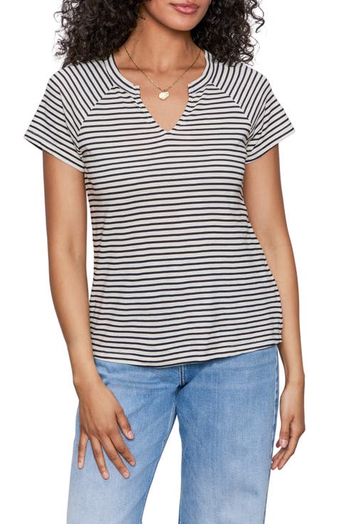 Stripe Notch V-Neck Cotton Blend T-Shirt