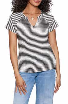 Sanctuary Stripe Notch V-Neck Cotton Blend T-Shirt