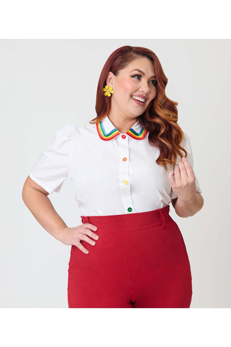 Plus Size 1940s Collared Blouse, Main, color, White W/Rainbow Details